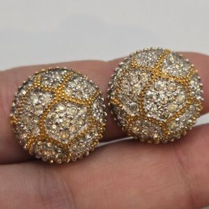Vtg Signed Jomaz Joseph Mazer Deco Round Button Rhinestone Clip On Earrings